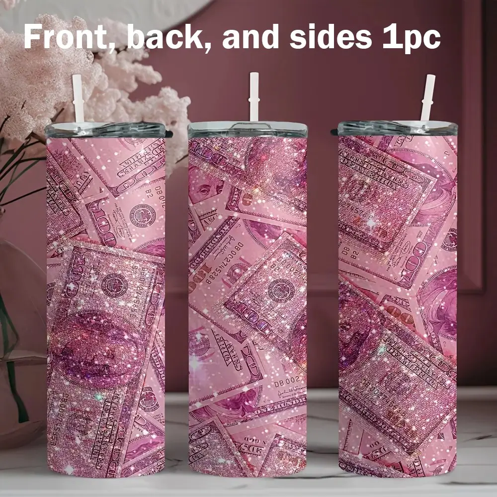 1pc 20oz stainless steel with pink glitter dollar bill background design Funny Dad Insulated Drink Tumbler. Suitable for fitness, travel, driving, daily use at home. A great gift for family and friends.