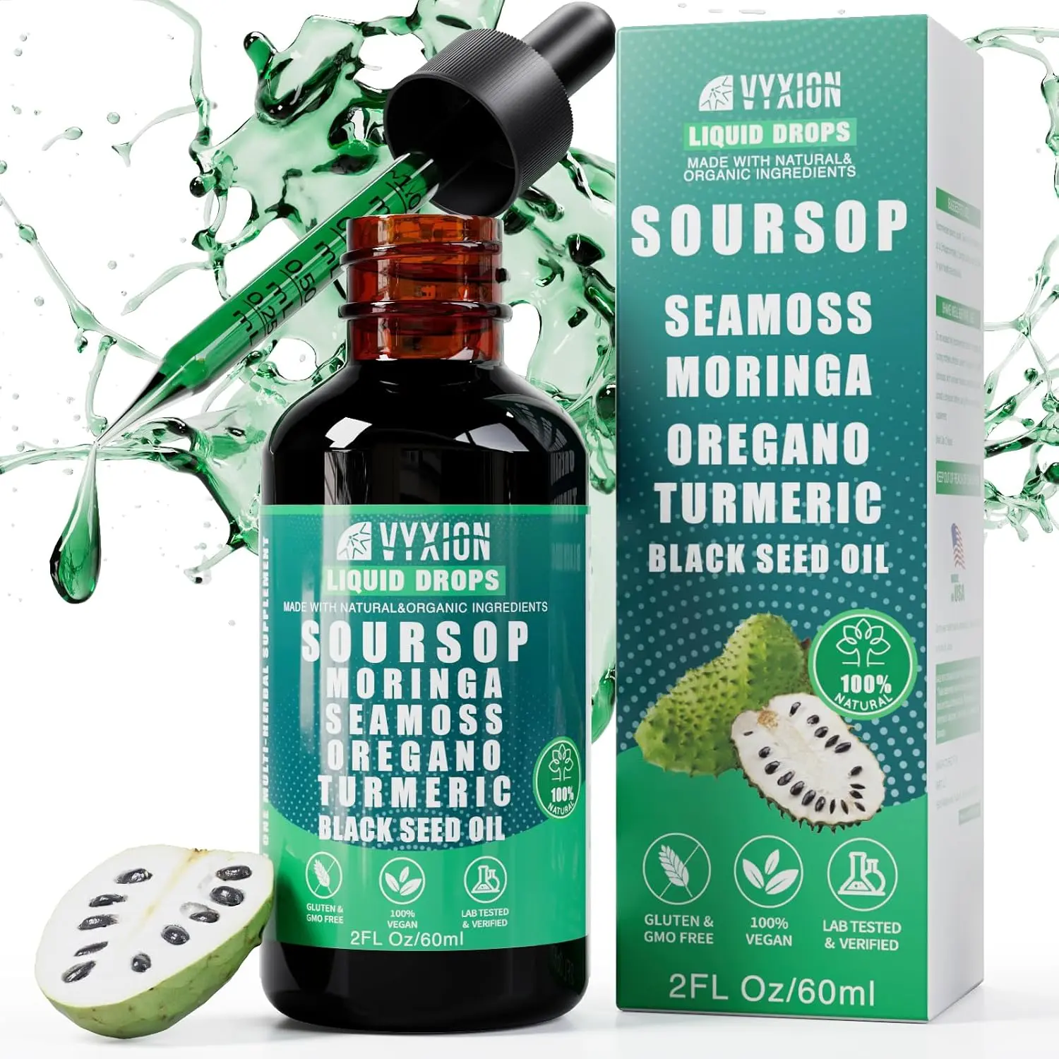 10-in-1 Soursop Bitters Liquid Drops | Sea Moss Moringa Turmeric Black Seed Oil Ashwagandha Herbal Supplement, Vegan Non-GMO, 2 Fl Oz overall body wellness, immune support, natural herbal detox, antioxidant support Fitness Dietary