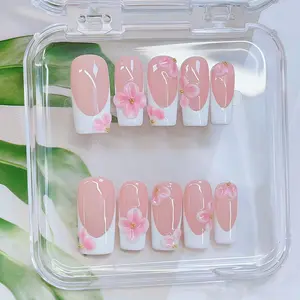 Pink Nails Y2K Style Fake Nails, Handmade 3D Floral & Hand Drawn Flower Design And Sparkling Golden Hallelujah And Bow Decor Pipe-Shaped Nail, 10pcs/set Glossy Handmade Press On Nails, For Women & Girls Diy Nail Art, Square Nails. Nail Supplies Handdrawn