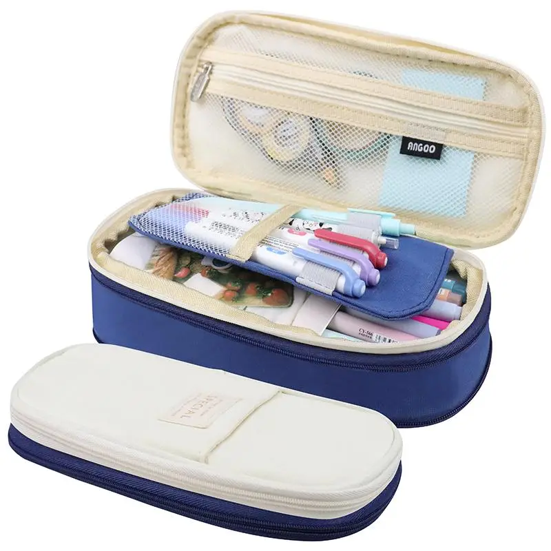 1 Piece Canvas Pencil Storage Bag with Zipper, Portable Multi-grid Stationery Storage Bag for Office School Student Teacher