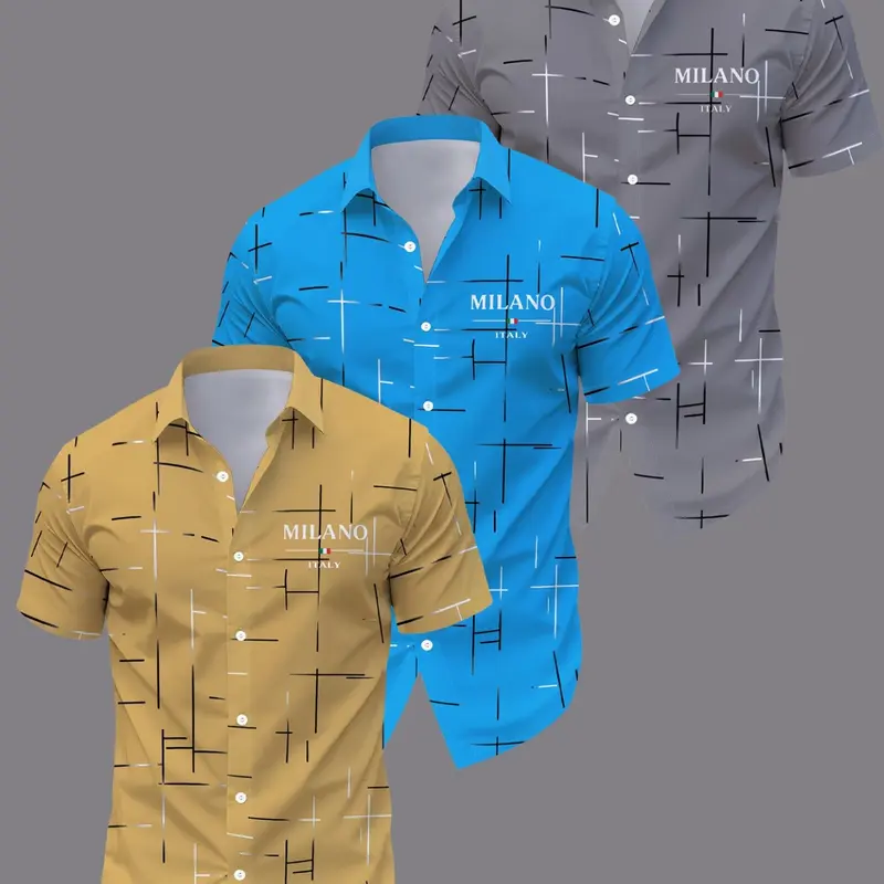 3 Pack Men's Casual Hawaiian Style Short Sleeve Shirts, Slim-Fitting All-Over Print, Perfect for All Seasons, Fashionable and Comfortable, Casual Beach Shirts
