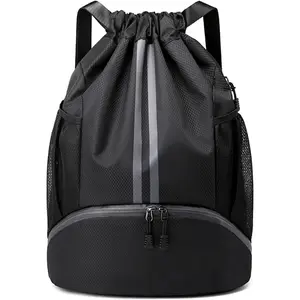 Drawstring Backpack Gym Bag with Shoes Compartment for Soccer, Basketball, Swim, Water-Resistant String Backpack Beach Cinch for Women Men