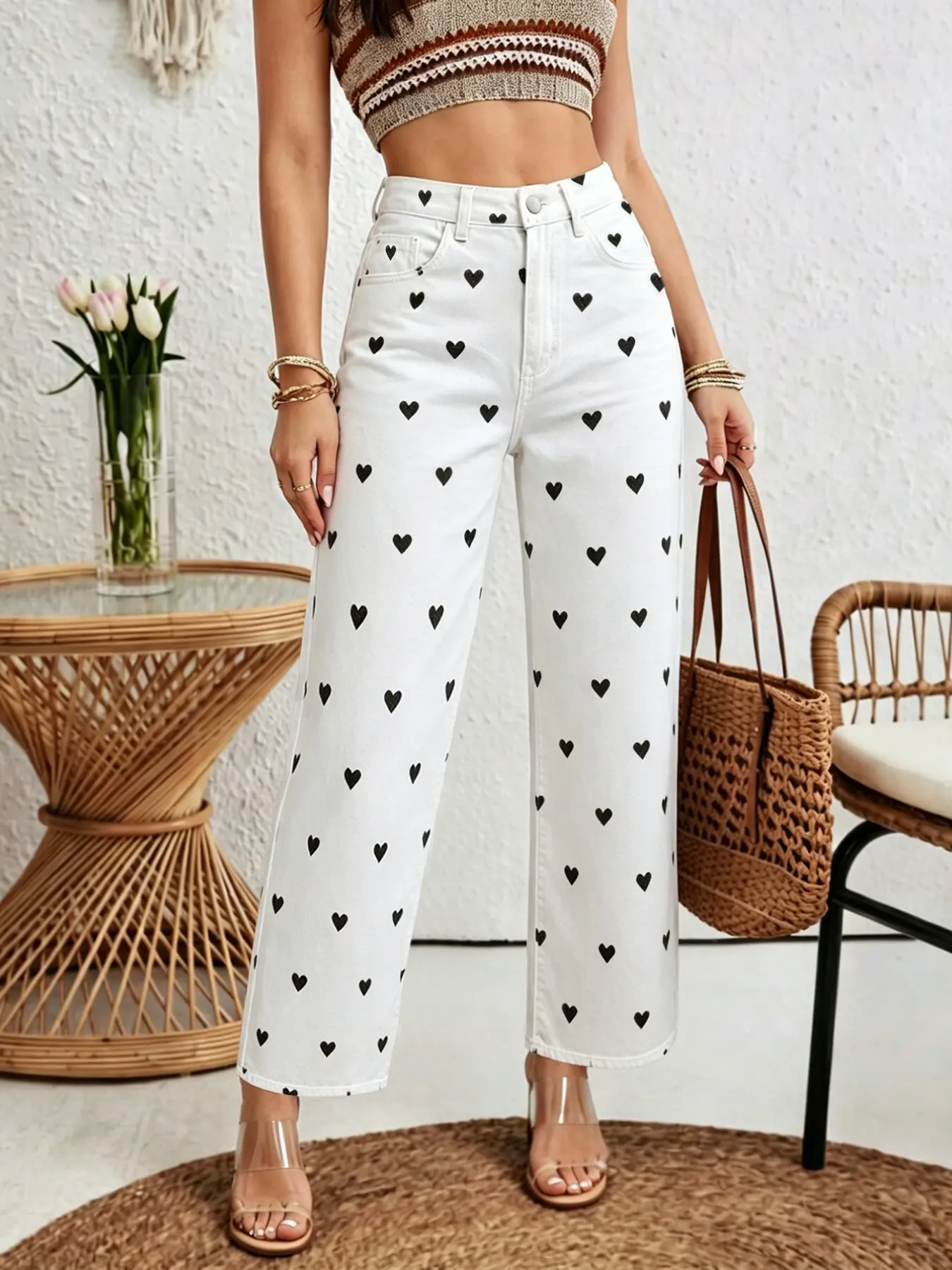 Women's Casual High Waist Denim Jeans, Loose-Fitting Oversized Long Pants, Heart Print, Elastic Fabric, All Seasons, Perfect for Everyday Wear