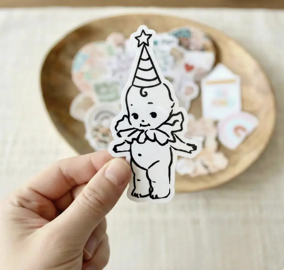 Vintage Baby Clown Sticker – Kewpie Style Vinyl, Retro Art Decal