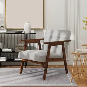 Modern Accent Chair with Walnut Finish Thick and Comfy Seat Cushion Upholstered Living Room Lounge Arm Chair for Bedroom Office Light Grey