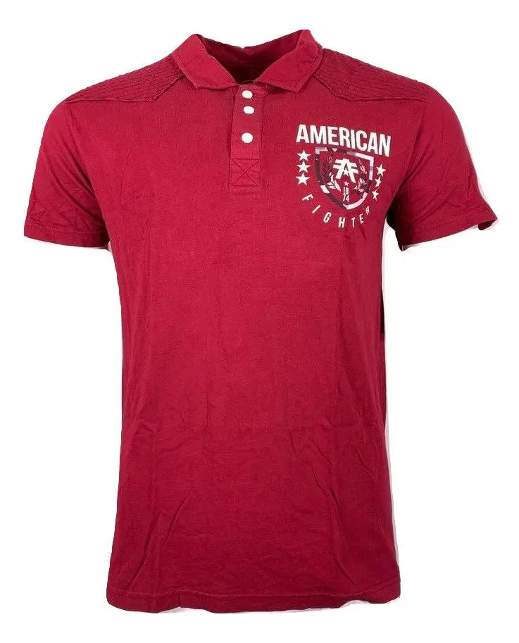 American Fighter Lander Men's Polo Shirt in Dirty Red, Casual Short-Sleeve Mock Twist Cotton with Distressed Graphic Logo, Shirts, All Season, Pull-On Closure, Refer To Sizing Chart