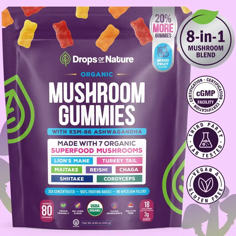 Drops Of Nature Ashwagandha KSM‑66 Mushroom Complex Gummies | Reishi Lion's Mane Cordyceps Turkey Tail Maitake Chaga Shiitake, Adaptogenic Supplement, Mixed Fruit Flavor, 80 Gummies Vitamin mushroom gummies, ashwagandha gummies