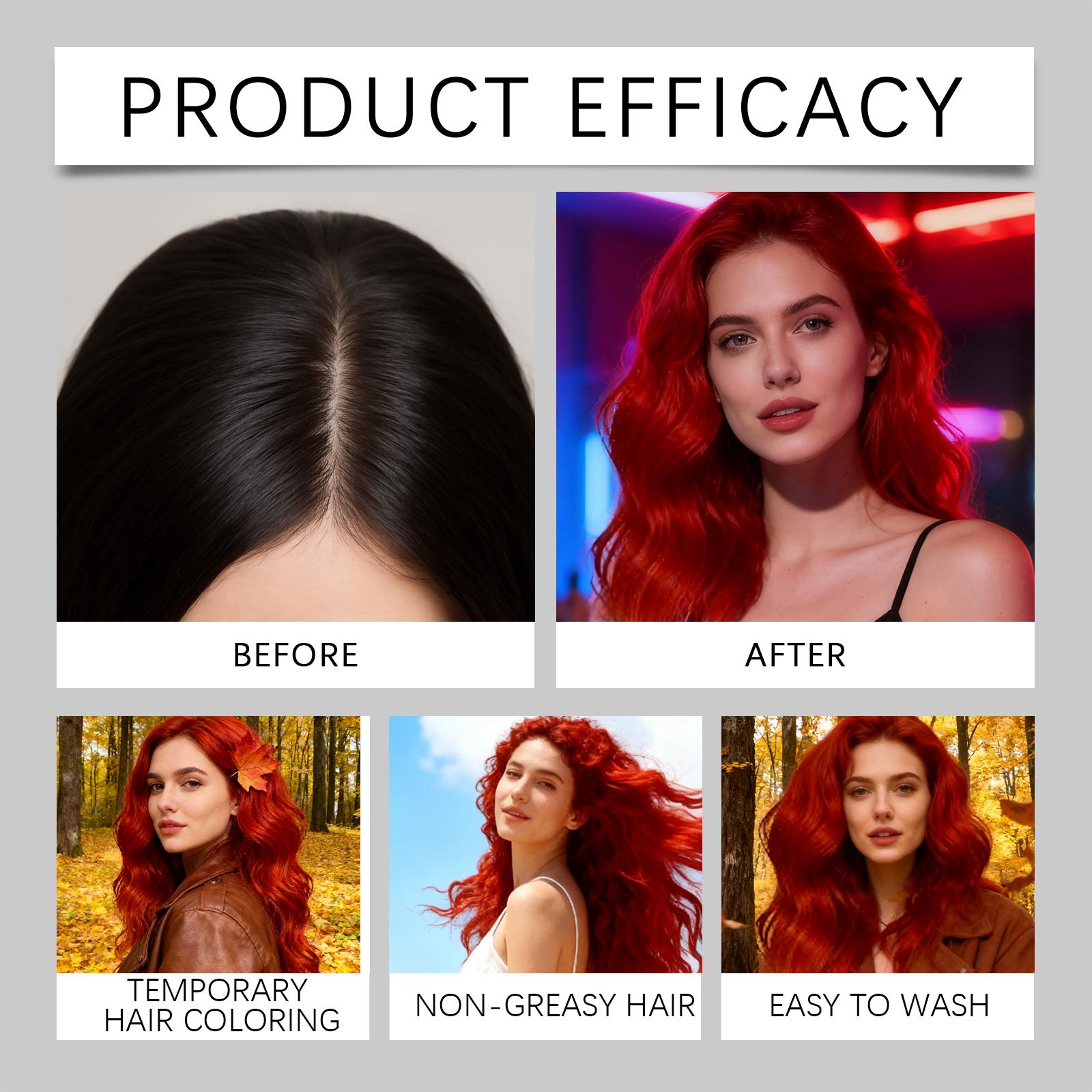 Two-piece display showcases the unique self. 120 ml. Passionate and sexy red and individualistic silver-gray temporary hair dye spray. Long-lasting, smooth, easy to wash, non-sticky, and evenly covering hairstyle spray.