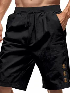 Men's Solid Color Linen Shorts, Casual Comfy Drawstring Waist Button Design Shorts for Summer, Men's Bottoms for Daily Wear