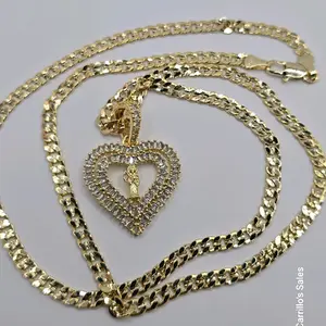 LA SANTA MUERTE beautiful heart multi-stones clear color Cuban link fashion necklace 24"inches GOLD-PLATED