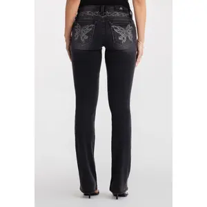MissMe Risa Butterfly Bootcut Jeans - Gothic Fitted Jeans with Rhinestone Accents & Embroidered Butterfly Design - All Seasons Women's Bottoms
