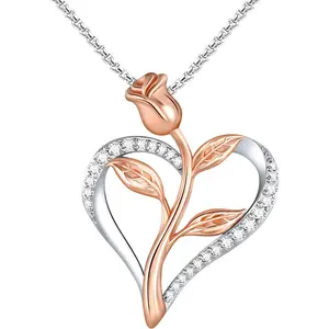 Valentines Gift Rose Necklace for Women Cubic Zirconia Love Heart Pendant Necklace, Silver & Rose Gold 2-Tone Rose Pendant with Jewelry