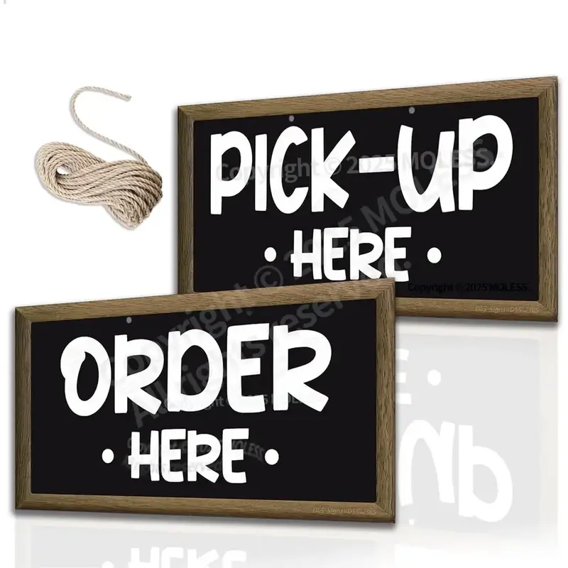 Order and Pick Up Signs - 12x6″ Order Sign for Cafe Bar Restaurant Food Truck, Durable 0.040 Aluminum - Easy to Mount/ 2 Pack Bundle with Rope
