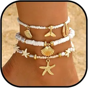 Summer Beach Ankle Bracelet for Women Waterproof Boho Beads Starfish Seashell Anklets Adjustable Surfer Preppy Ankles Set Beach Vacation Accessories