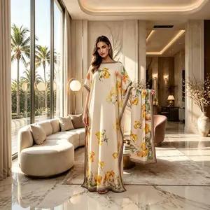 Plant Print Long Robe Set – Shawl & Head Scarf for Beach Sun Protection