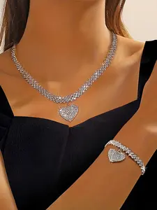 Women's Elegant Rhinestone Decor Heart Design Necklace & Bracelet, Exquisite Trendy Matching Jewelry Set, Fashionable Accessories for Party & Daily Clothing Decor, Valentine's Day, Gift
