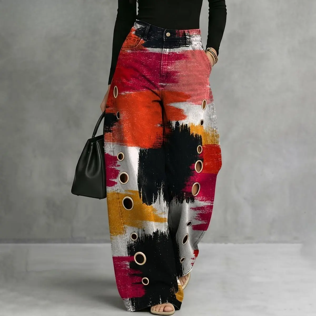 Women's Geometric Hollow-Out Denim Jeans – High Waist Baggy Wide Leg Cropped Bottoms with Pockets, All-Season Festival & Streetwear Statement