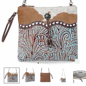 MYRA BLUE ISLE EMBOSSED LEATHER CROSSBODY BAG FOR WOMEN SMALL SIZE WESTERN SLING WITH HAIRON ACCENTS