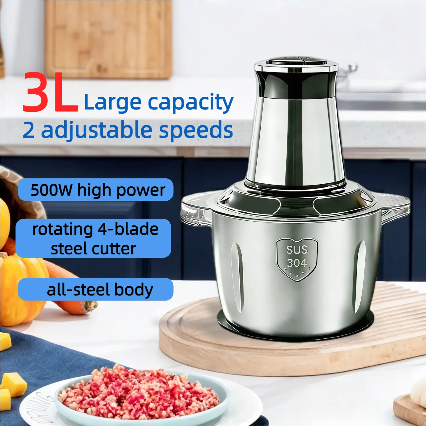 Stainless Steel Electric Meat Grinder - 3L Large Capacity  Food Chopper for Meat, Vegetables, Baby Food
