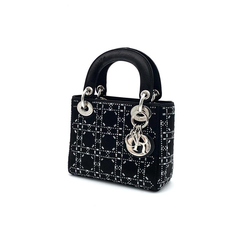 Pre-owned DIOR Satin Handbag Lady Bag Crystal Embellished Cannage Quilt Mini Black #1954