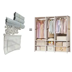 Large-capacity heavy-duty metal wardrobe with 2/3 hangers. An easy-to-assemble portable wardrobe system, 27.0 inches high, 3.2 cubic feet storage space, independent hangers, perfect for apartments, dormitories and small living Spaces, Wardrobe Organizer