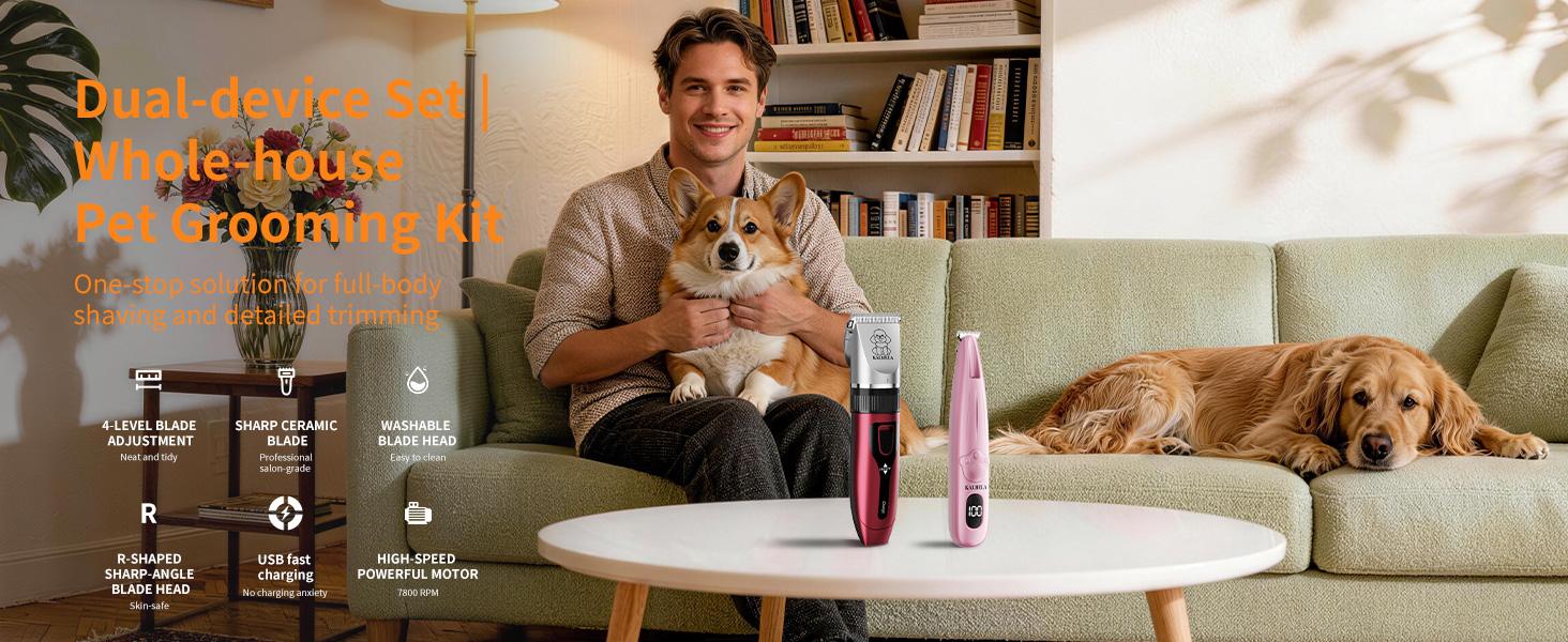 KALHELA 2-in-1 Pet Grooming Clipping Set - ABS Plastic, Rechargeable USB, Hair + Nails Grooming Tool with Clipper & Nail Clippers, Universal Size for Cats & Dogs