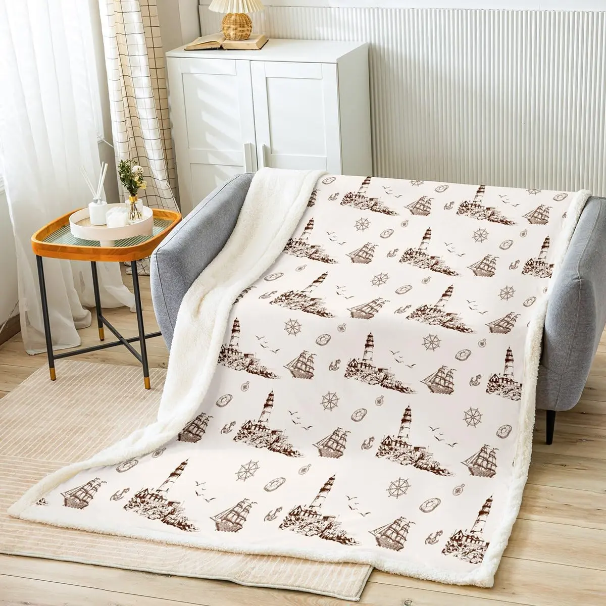 Nautical Theme Brown Throw Blanket,Anchor Sailboat Lighthouse Fleece Blanket Sketch Ocean Blankets Men Room Decor,Sea Adventure Sherpa Blanket,for Chair/Sofa