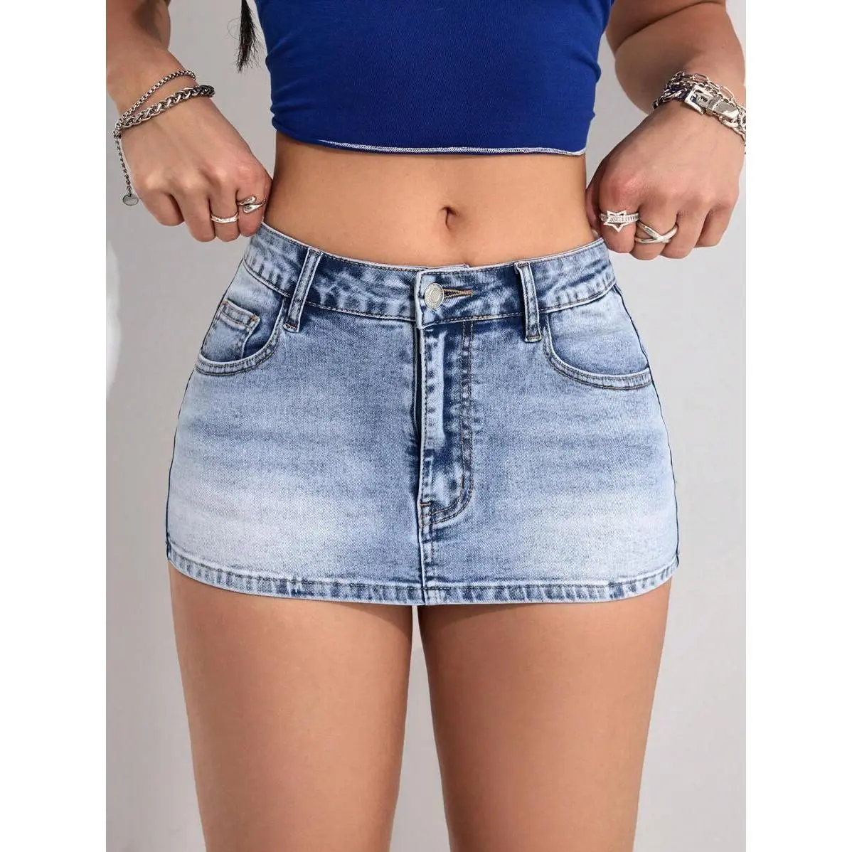 PETITE Women's Pocket Decor Bodycon Denim Mini Skirt Y2k