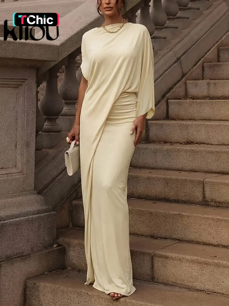 Kliou Women's Sexy Plain Slim-Fitting Maxi Dress, Long Sleeve Asymmetrical  Neckline, Fall & Winter Fashion, Casual Style - TikTok Shop