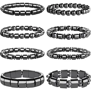 Hematite Bracelet Set for Men Women - 8 Pcs Stretch Round Bead Stone Bracelets - Unisex Jewelry Gift - Adjustable Elastic String - High-Quality Stone - Comfortable Fit - Ideal Gift for Any Occasion
