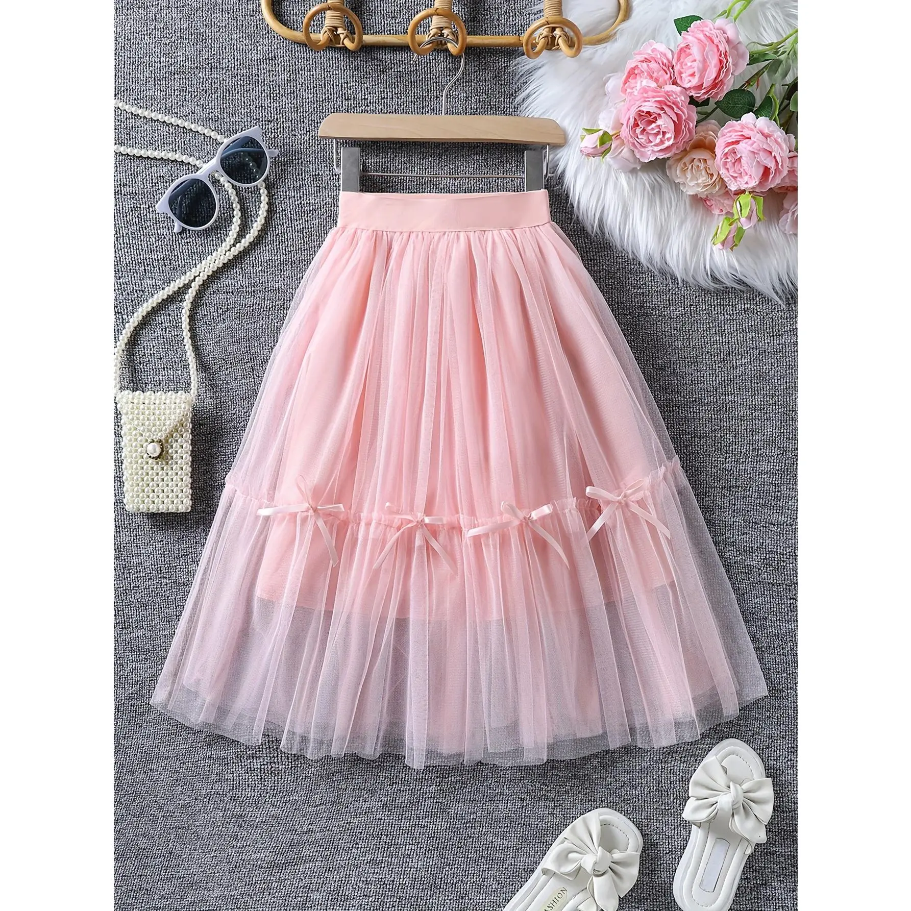 Pink |                 Transparent Tulle Fluffy Mesh Layered Pink Princess Puffy Skirt Girl |                   Moderate Length Summer Sheer Skirt with Bow Detail, Elastic Waistband |                   Suitable for parties, performances and casual outings