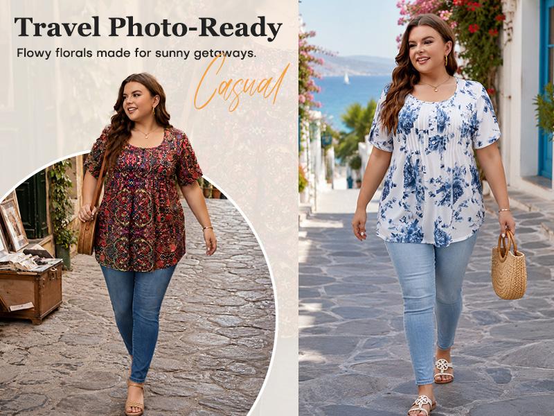 [1X-5X]Auciccoo Plus Size Tunic for Women Summer Tulip Short Sleeve Tunic Tops Scoop Neck Floral Printed Casual Soft Blouses Top Shirts Womenswear