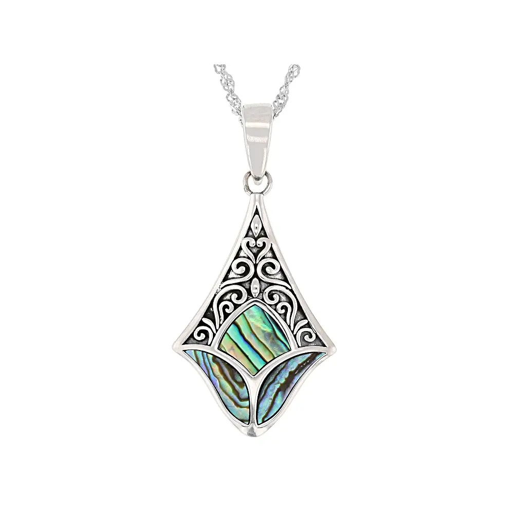 Unisex Oxidized Oceanic Abalone Shell Sterling Silver Marine Life Fashion Pendant - Nautical Semiprecious Stone Necklace with Shell Inlay, 18" Singapore Chain, Fashion Pendants, Nautical Semiprecious Stone Necklaces & Pendants