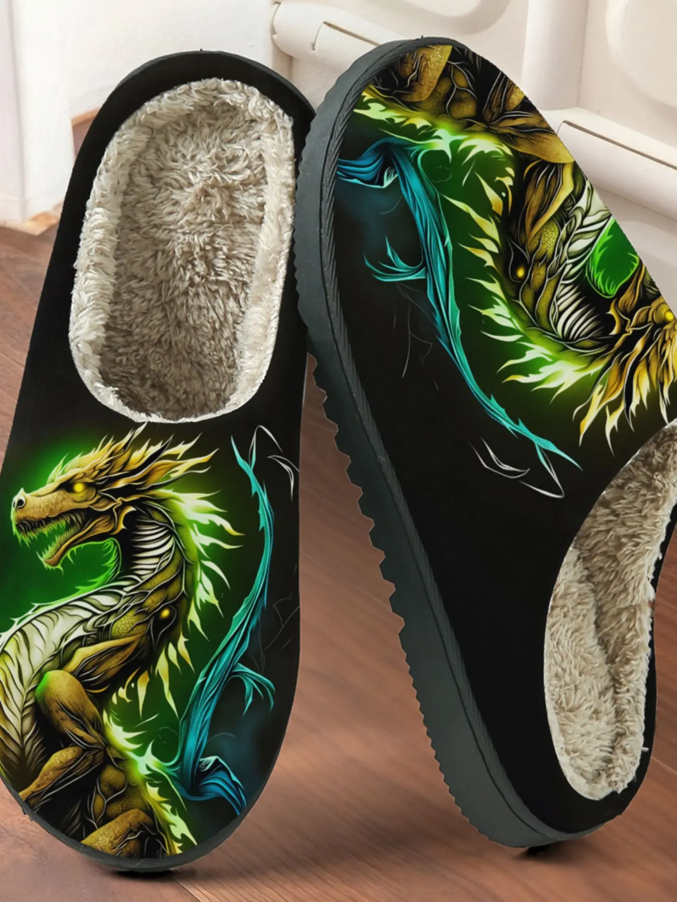 Fancy Dragon Print Cotton Slippers, Plush Lined Anti-Slip Thick Sole, Home Warm Shoes for Fall & Winter, Casual Style