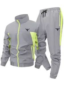 Men's Bull Print Colorblock Patchwork Tracksuit, Spring & Fall Quick-Dry Breathable Sports Set, Workout Sportswear, Stand Collar Long Sleeve Zip Up Jacket + Drawstring Elastic Waist Pants with Zipper Pockets