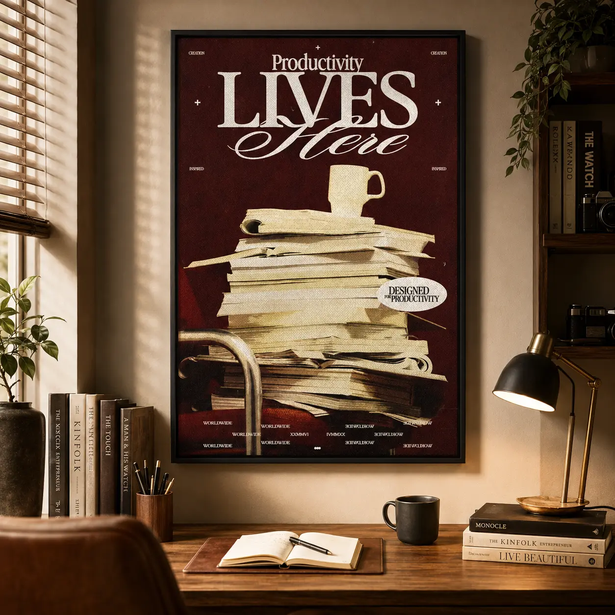 Productivity Lives Here Poster, Vintage Motivational Typography Canvas Print, Red Office Wall Art for Home Office, Study Room and Workspace Decor