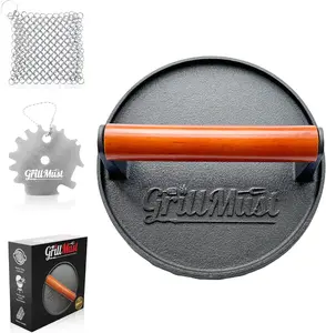 Grill Burger Press Premium Bacon Press Set: 7" Burger Press Cast Iron Set Includes Grill Scraper & Scrubber Kitchen Utensils