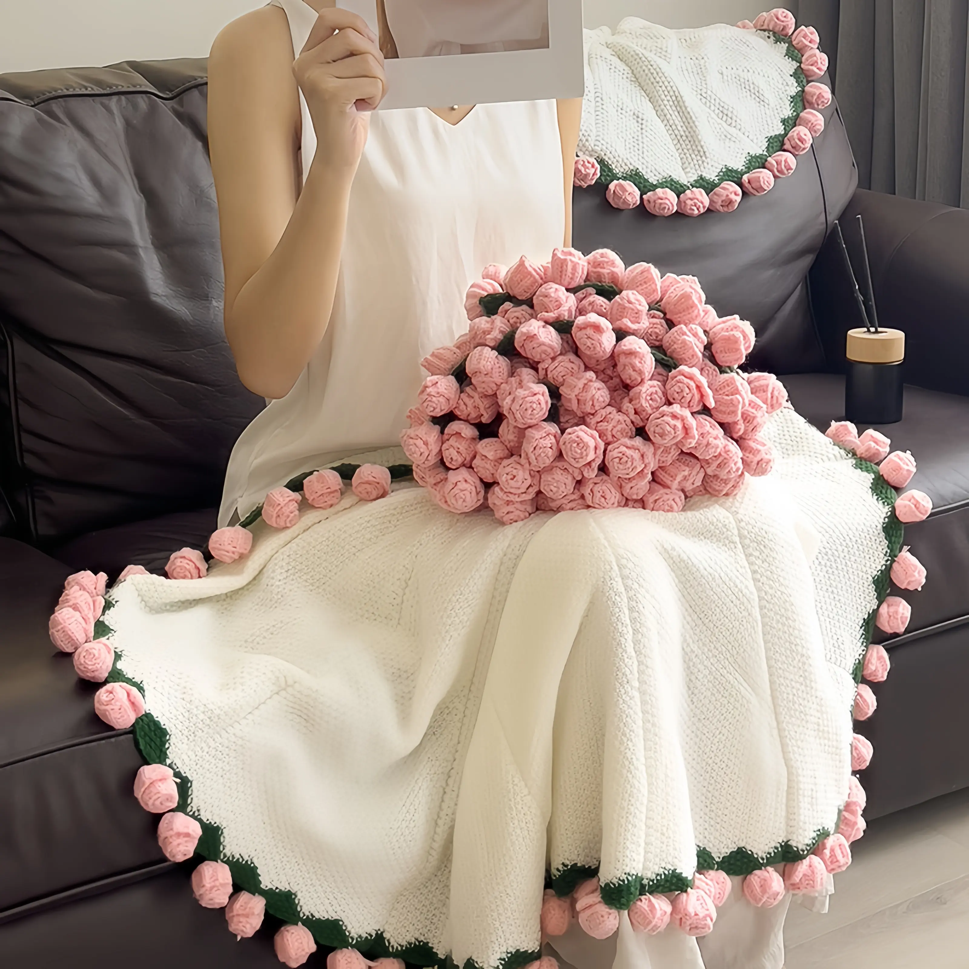 【New】Crochet Flower Bouquet Rose Blanket 2-in-1 Handmade 3D Knitting Round Design 31-62 inch for Mother’s Day Birthdays Anniversary Gifts