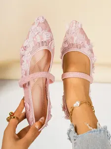 Women's Fashion Rose Lace Mesh Rubber Flat Shoes, Comfortable Breathable Material Mary Jane Ballet Flats, Elegant Soft Design