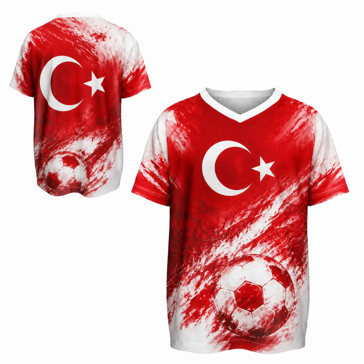 Men's Turkish Flag Sports Jersey Tee - Red-White V-Neck Jerseys for Soccer, Custom Color Match, Athletic Contour, Full-Print Bold Graphic & Soccer Ball Design for Passionate Fans, Retro Throwback