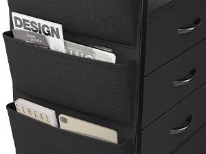 Raybee 37.5" Tall LED Night Stand with 5 Drawers for Tall Bed, Black Narrow Dresser with Charging Station for Living Room, Night End Table with Extra Side Bag & Hooks, Bedside Table with Power Stripe, Bedroom, Closet, Hallway, Entryway, White, Brown