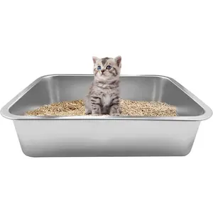 Stainless Steel  Litter Box, 15.7"x11.8"x4" Metal Small Kitten Litter Box for Kittens Rabbits and Kitty, Non-Stick Surface, Easy Cleaning