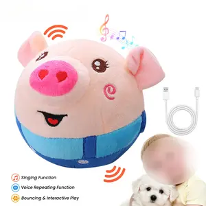 USB-Rechargeable Interactive Pig Toy for Small & Medium Dogs – Bouncing, Singing, Voice-Repeating Plush Ball with Washable Cover (Red/Blue)