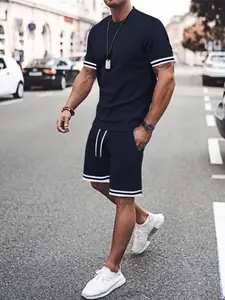 Men's Contrast Stitching Short Sleeve Tee & Drawstring Waist Shorts Two-piece Set, Regular Fit Casual Round Neck Shortsleeve T-shirt & Pocket Shorts, Men's Summer Clothes, Menswear