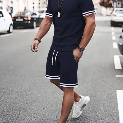 Men's Contrast Stitching Short Sleeve Tee & Drawstring Waist Shorts Two-piece Set, Casual Matching Sets, Regular Fit Casual Round Neck T-shirt & Pocket Shorts, Men's Summer Clothes, Menswear