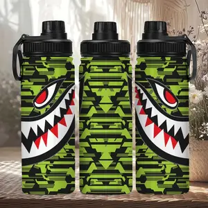 1pc 20oz Stainless Steel Insulated Cup with Lid, Shark Mouth Design, Fluorescent Camo Background, Ideal for Gym, Travel, Outdoor Activities