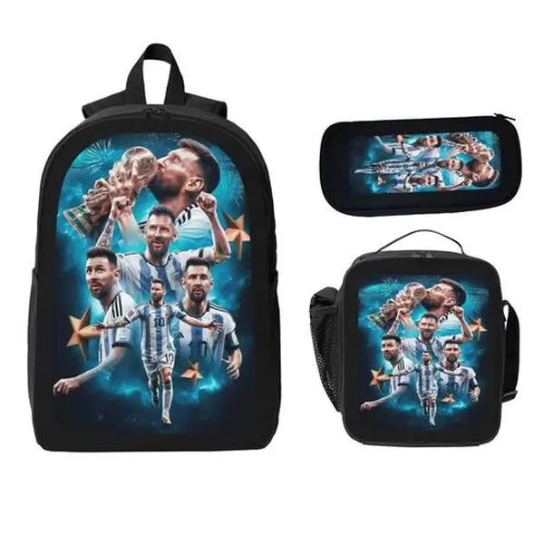 Messi Men's 3-in-1 Multifunctional Polyester Lightweight Soccer Luggage Set - Zip Closure, Breathable Mesh Fabric, Carrying Backpack with Laptop Bag, Lunch Tote, Stationery Pouch for Airplane Travel, Everyone