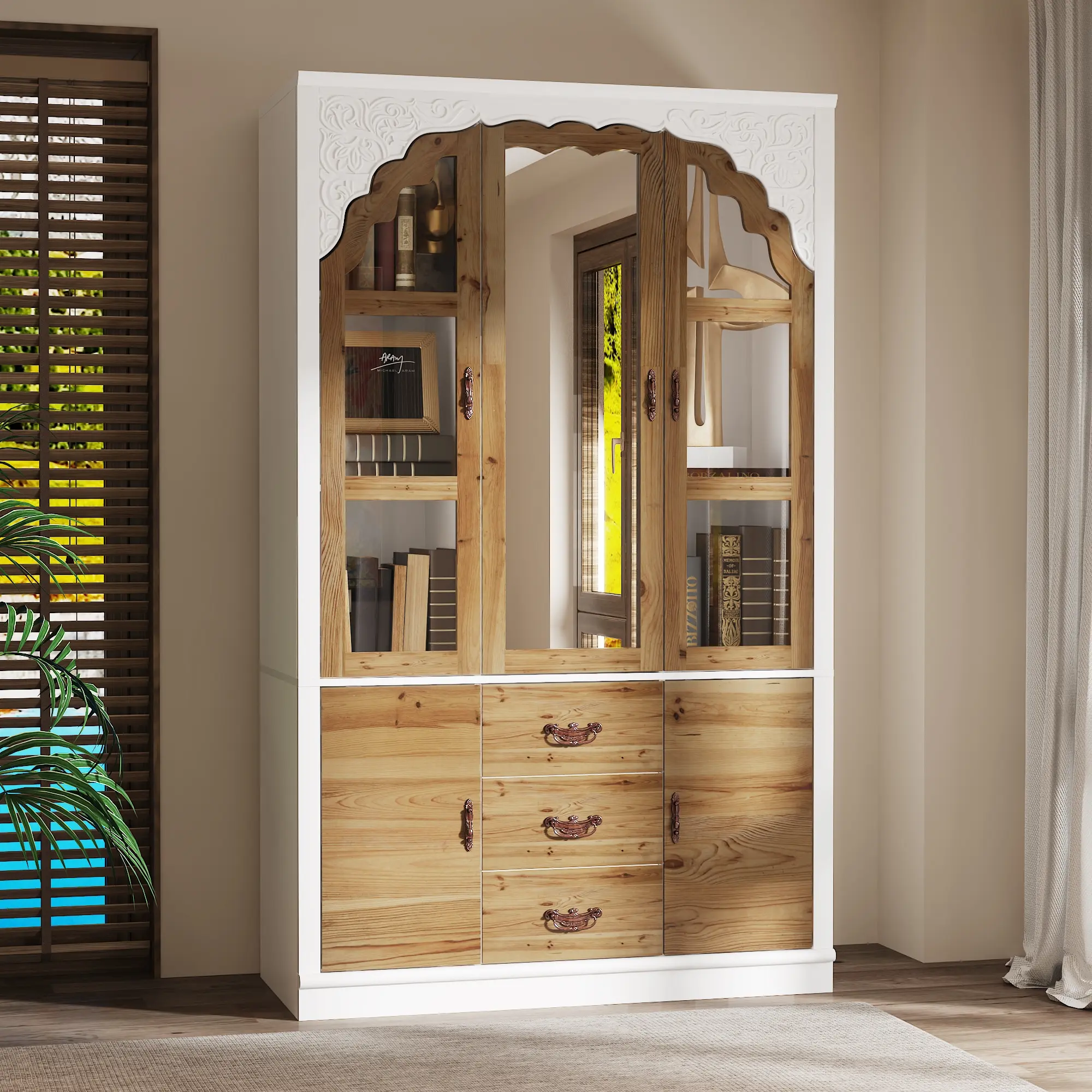 FUFU&GAGA Farmhouse 3-Door Wardrobe with Mirror, 3 Drawers, Shelves, 2 Storage Cabinets & Hanging Rod - Vintage Elegant Grace Rustic Country White & Oak Armoire Closet (45.7”W x 20.3”D x 75.7”H) Durable Indoor Furniture