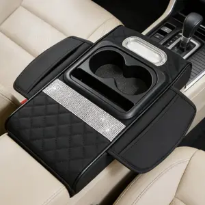 Women's Rhinestones Bling PU Leather Car Armrest Storage Box - Cup Holder, Tissue Holder, Foam Padding, Multifunctional Console Protector, Universal Fit Organizer for SUVs, Trucks