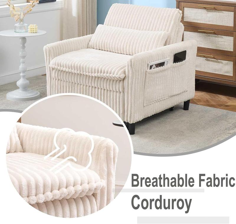 3 in 1 Convertible Sleeper Chair, Pull Out Sofa Bed with Adjustable Backrest & Storage Pockets, Recliner Chair Bed, Modern Corduroy Chaise Lounge for Bedroom Living Room Small Space (Beige)